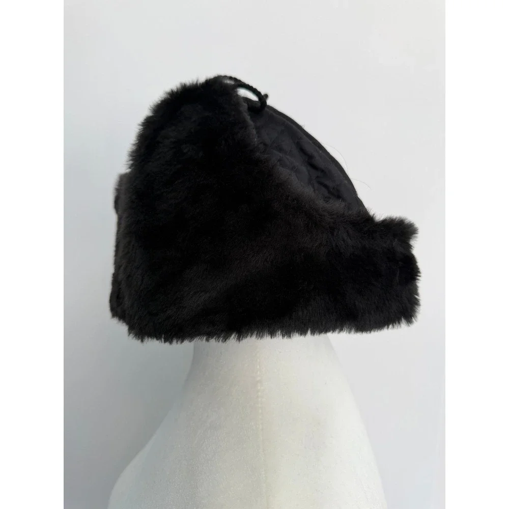 J Crew Black Quilted Trapper Hat Faux Fur Made‎ in Italy OSFM